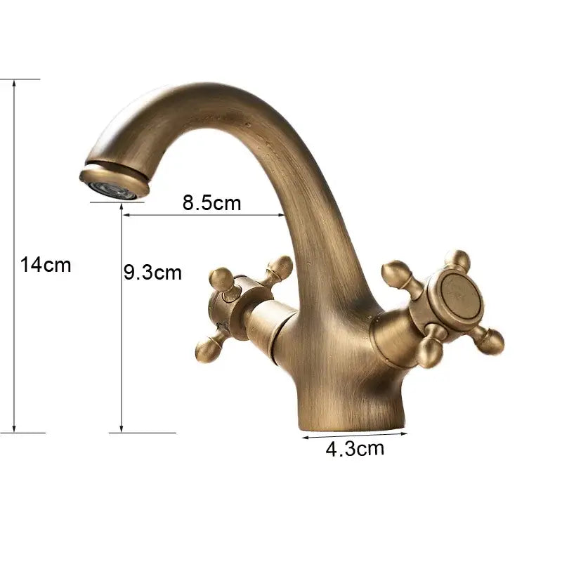 Decorbites™ antique brass dual handle basin faucet with curved spout and cross handles deck mounted mixer tap