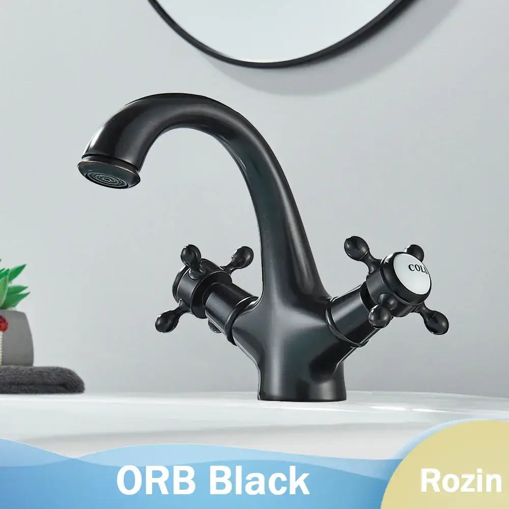 Black matte finish rozin basin faucet with cross handles white cold label antique brass dual handle bathroom mixer tap