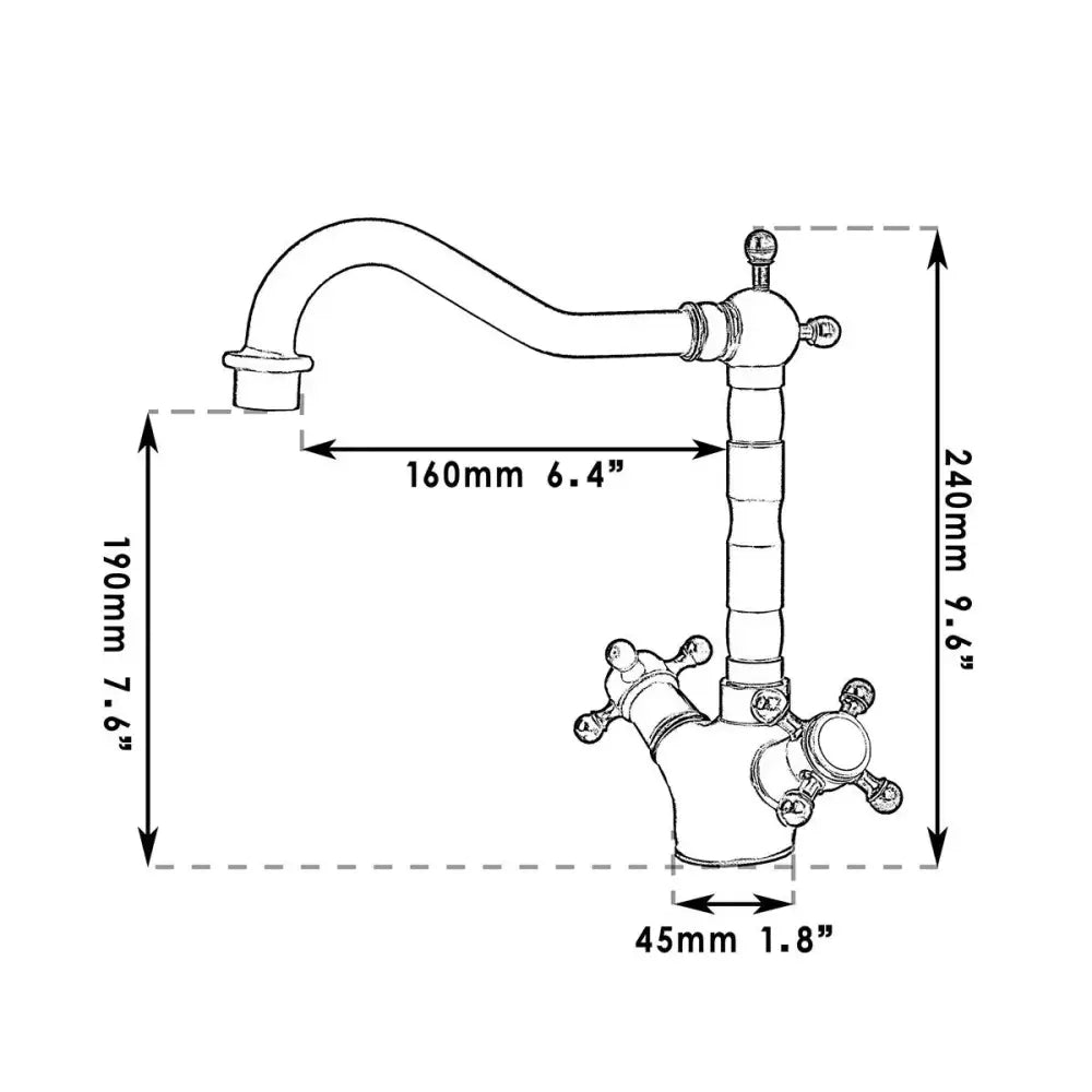 DecorBites™ antique brass dual handle swivel kitchen faucet with curved spout and cross-handle controls
