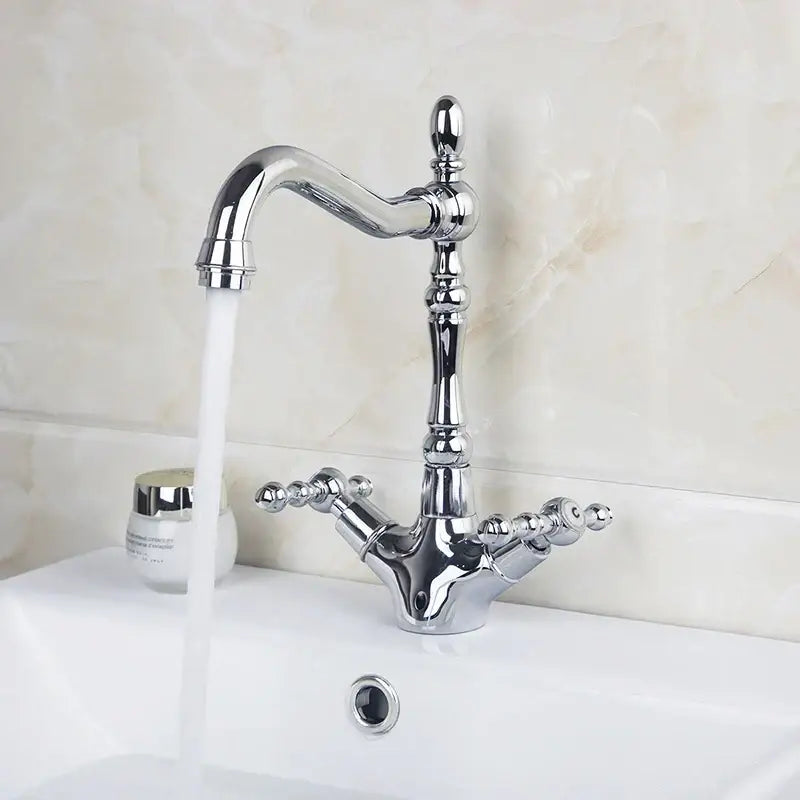 Chrome-finished vintage-style dual handle kitchen faucet with ornate detailing by decorbites antique brass dual handle design