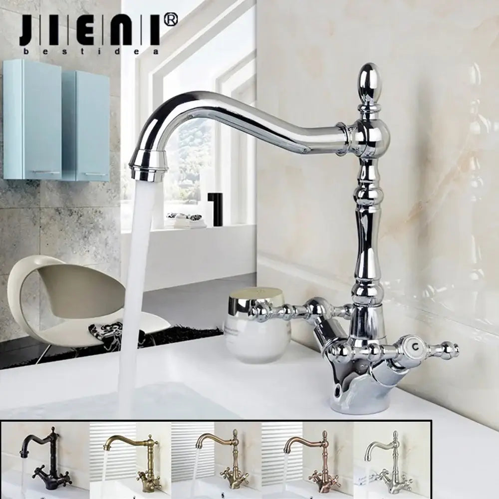 Chrome-finished ornate dual handle kitchen faucet with curved spout and decorative knobs in decorbites antique brass dual style
