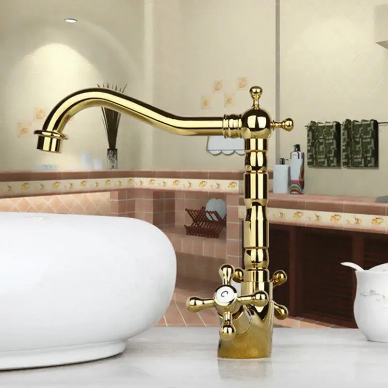 DecorBites antique brass dual handle swivel sink faucet with ornate vintage brass finish and cross shaped handles