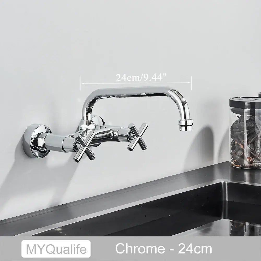 DecorBites™ antique brass dual handle wall mount kitchen faucet with chrome finish, curved spout, and cross handles