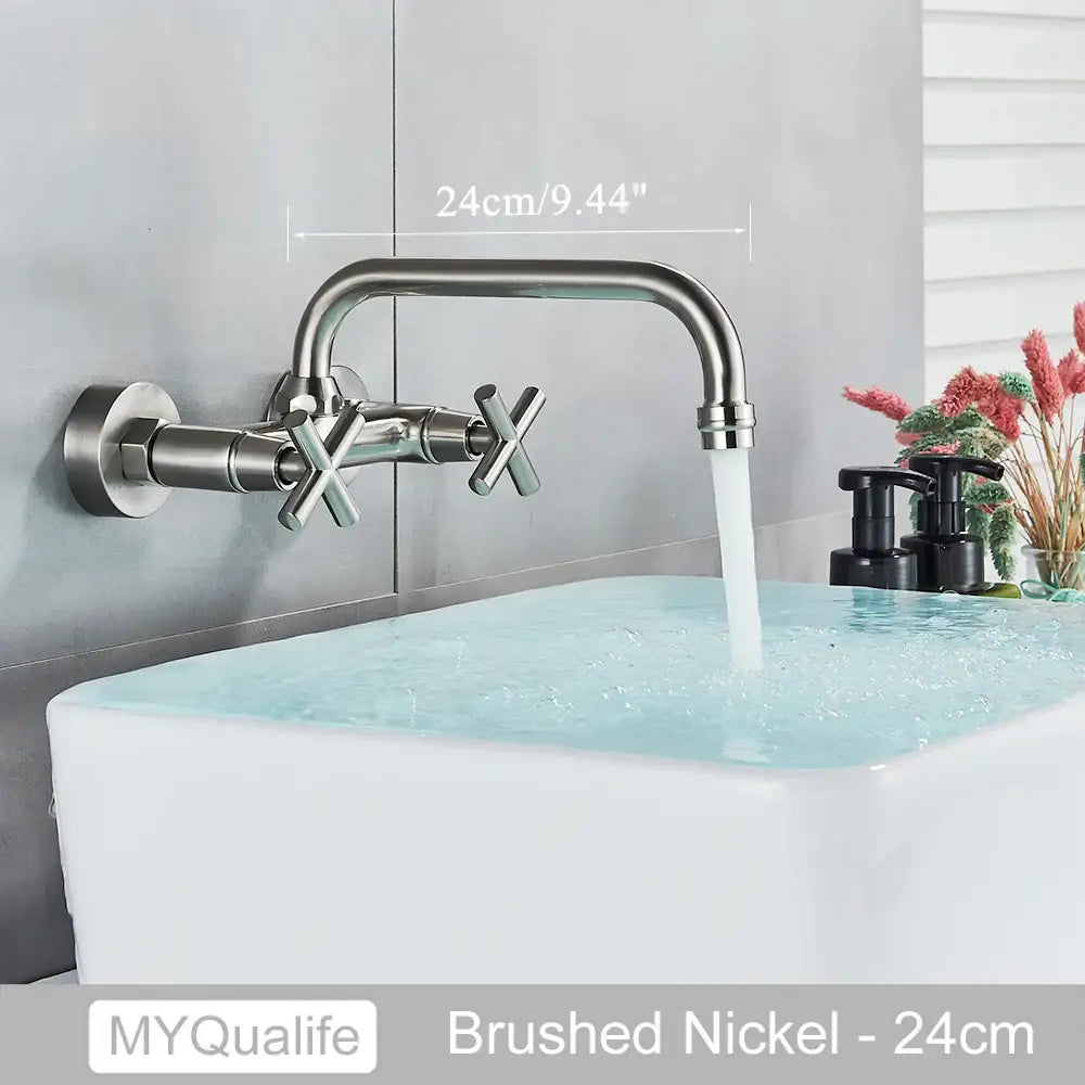 Brushed nickel dual handle kitchen faucet with cross handles and curved spout 24cm length for DecorBites™ antique brass model