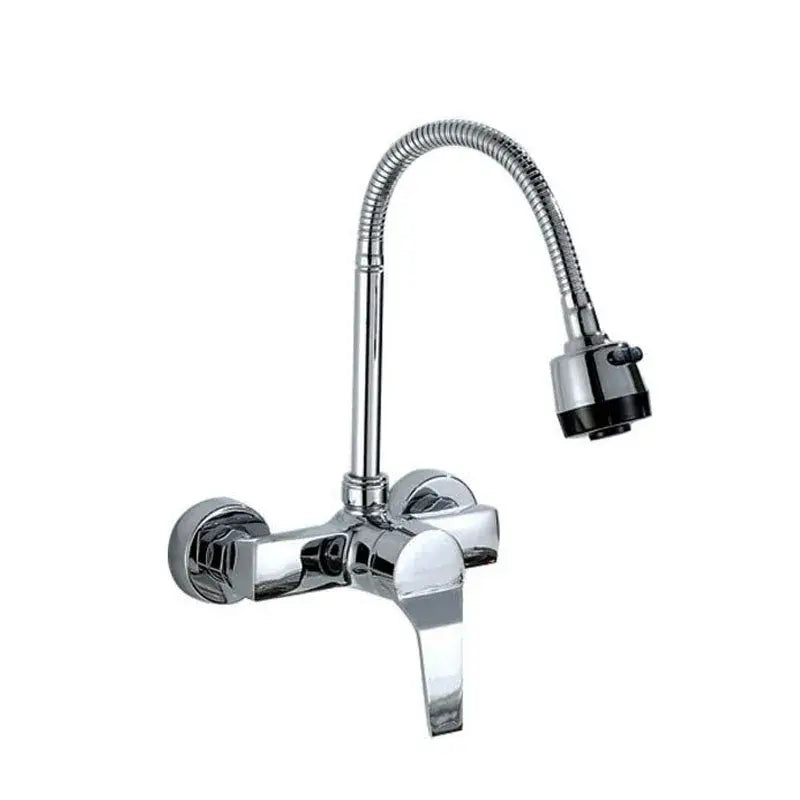 DecorBites antique brass dual handle kitchen faucet with chrome finish, flexible gooseneck spout, and black spray head