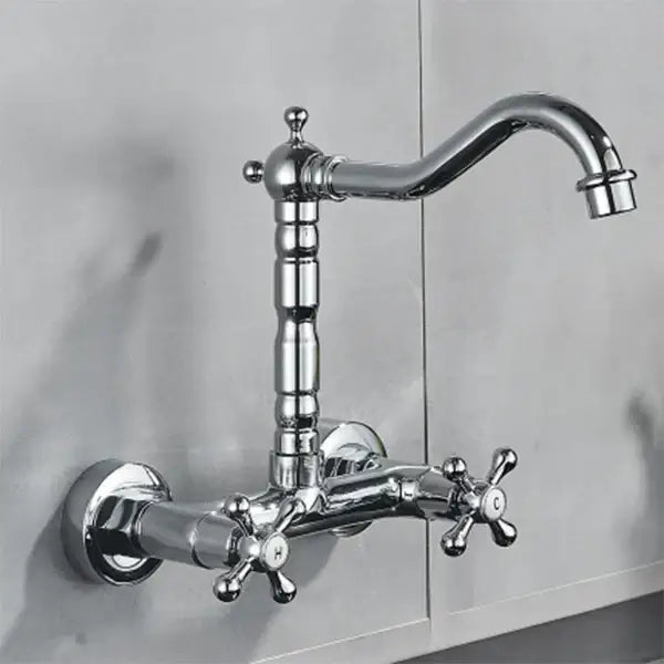 DecorBites™ antique brass dual handle kitchen faucet with chrome finish curved spout and cross-shaped handles