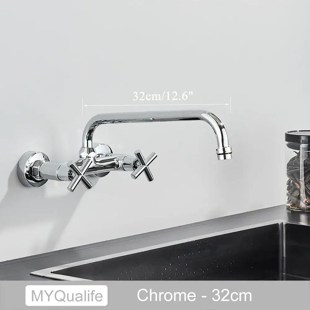 DecorBites™ antique brass dual handle wall mount kitchen faucet with chrome finish and sleek curved spout