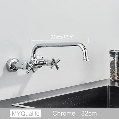 DecorBites™ antique brass dual handle wall mount kitchen faucet with chrome finish and sleek curved spout