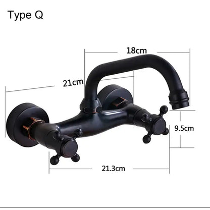 DecorBites antique brass dual handle kitchen faucet with black matte wall mount and curved spout type q
