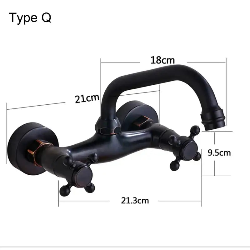 DecorBites antique brass dual handle kitchen faucet with black matte wall mount and curved spout type q