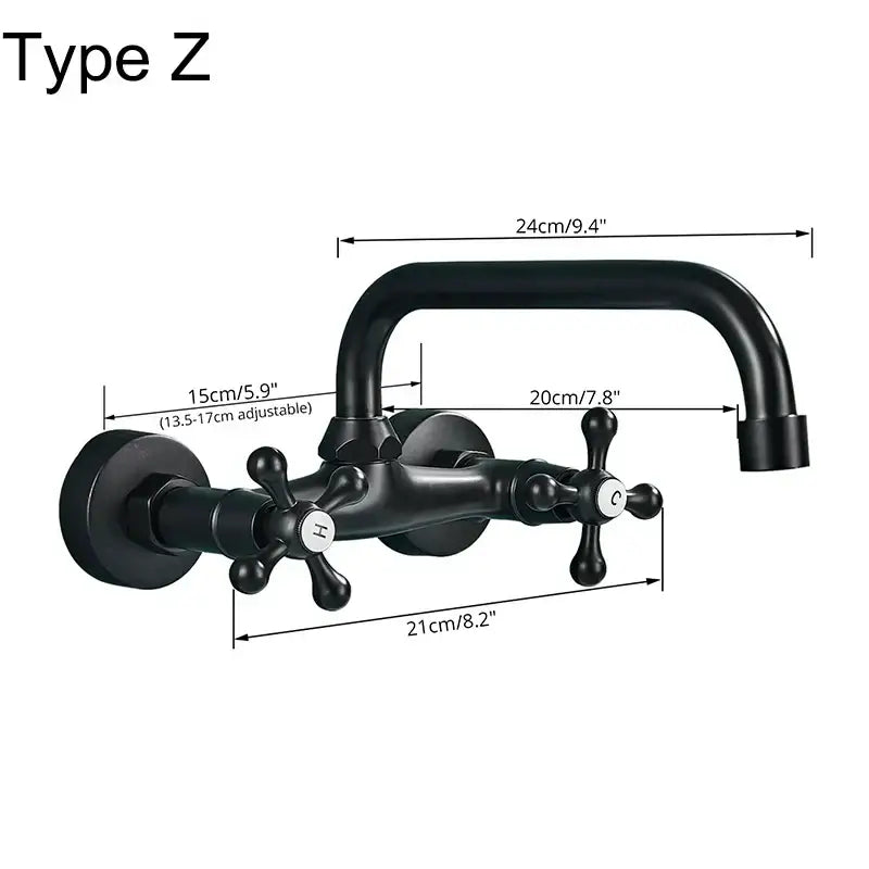 DecorBites™ antique brass dual handle kitchen faucet with black matte wall mount and curved spout type z