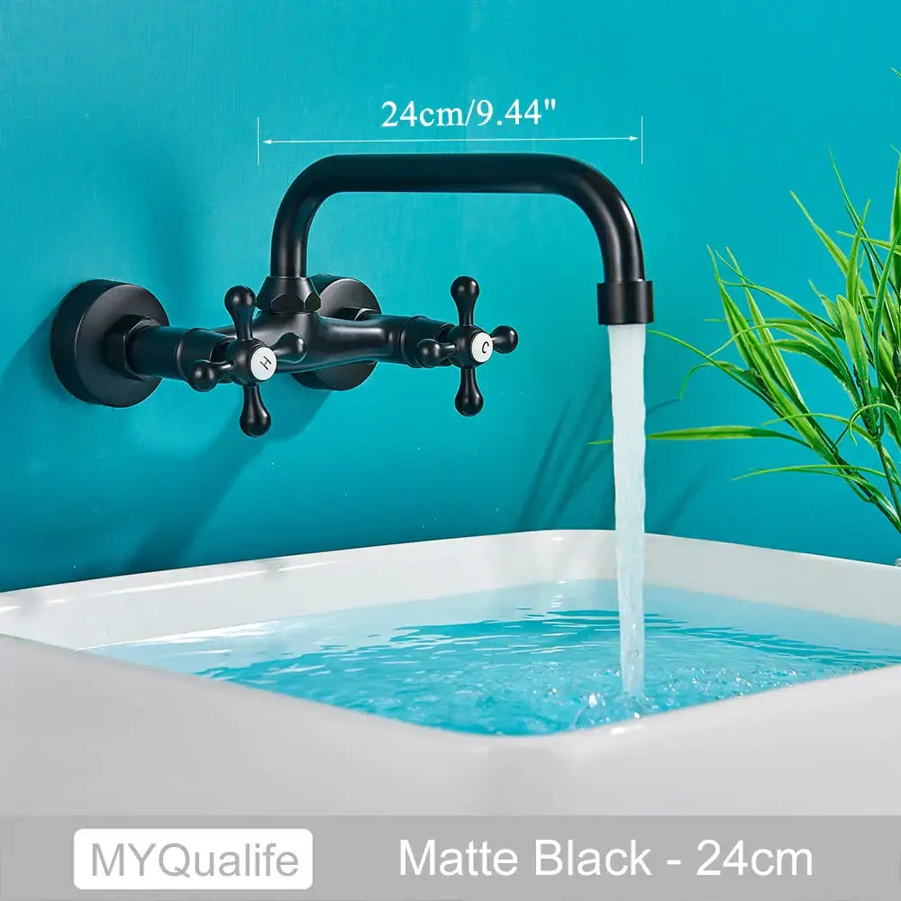 Matte black matte-finished wall-mounted kitchen faucet with dual handle cross design and 24cm curved spout by DecorBites antique brass