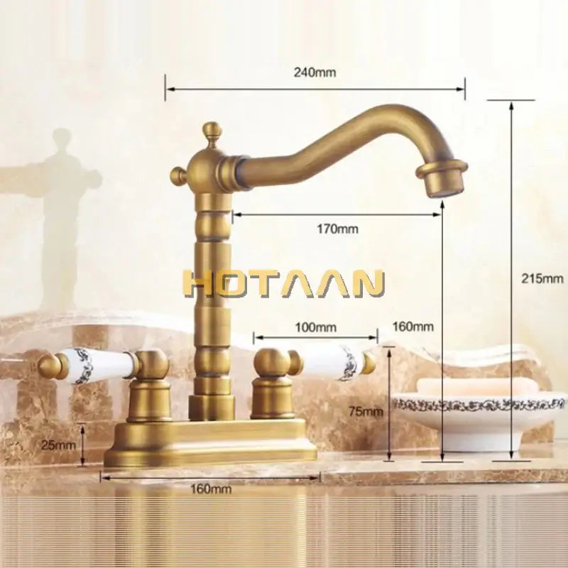 Decorbites antique brass dual hole basin faucet with ornate vintage brass finish and white ceramic floral handles