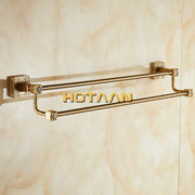 DecorBites™ antique brass finish double towel bar with brass ornate square wall mounts and decorative end caps