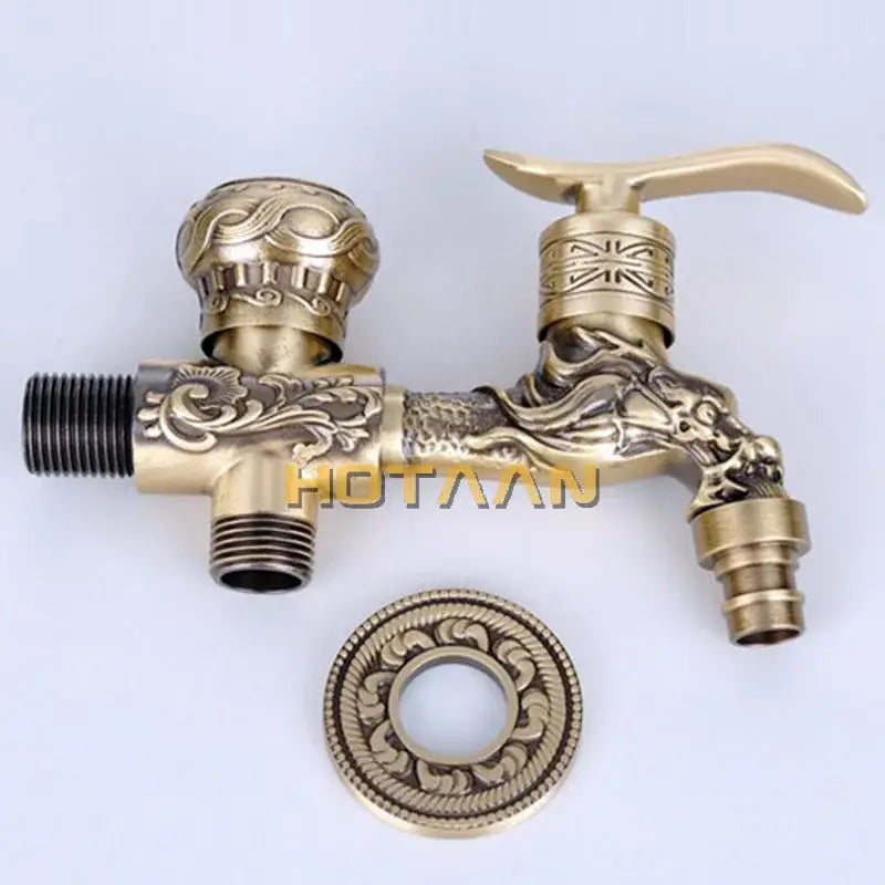 Decorbites antique brass finish garden bibcock faucet with intricate dragon engravings and dual-handle design
