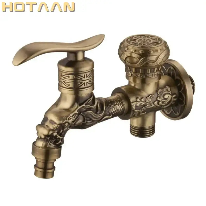 DecorBites antique brass finish garden bibcock faucet with intricate dragon embossing and ornate spout wall mount tap