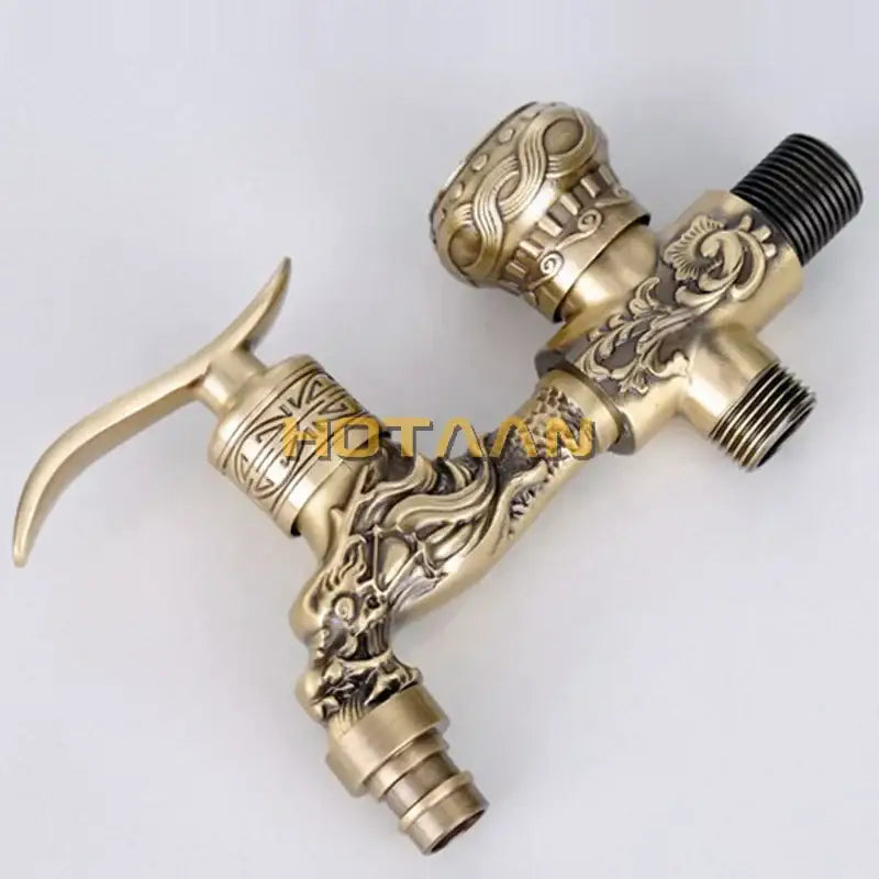Decorbites antique brass finish garden bibcock faucet with ornate dragon head and intricate floral patterns in brass finish