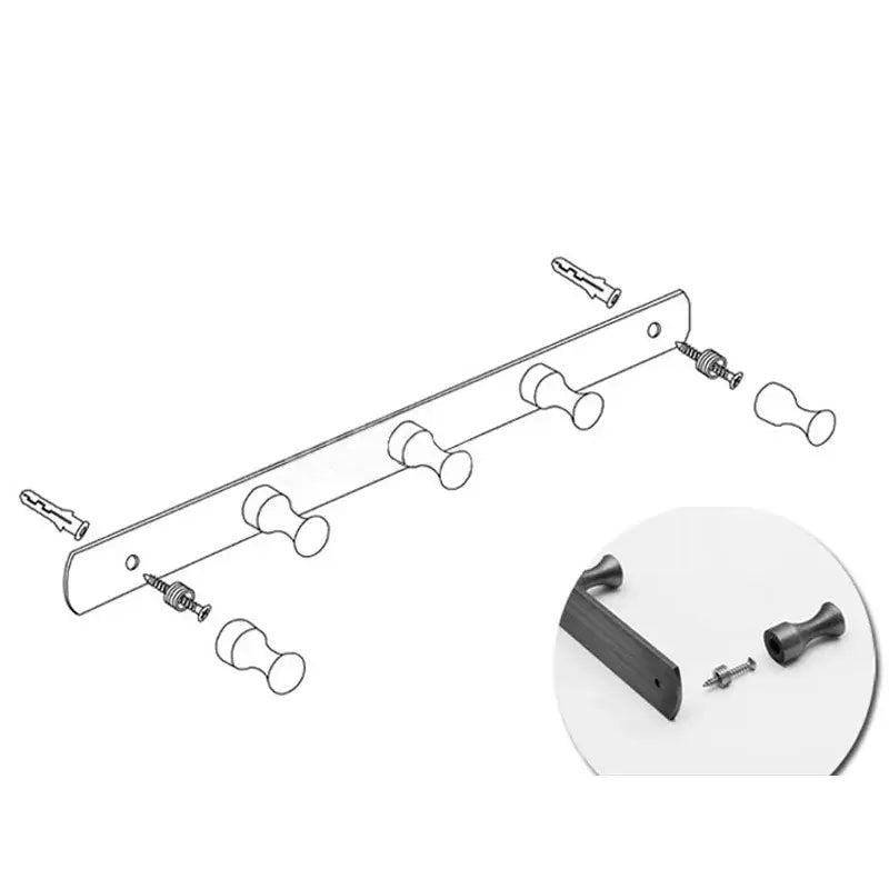 Black wooden coat rack with five round knobs and mounting hardware in decorbites antique brass finish robe hook design