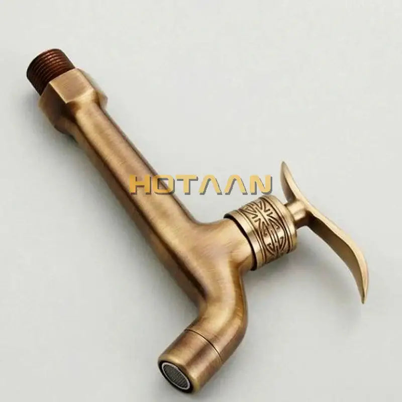 DecorBites antique brass finish wall mount bibcock faucet with ornate engraved detailing for bathroom and washing machine use