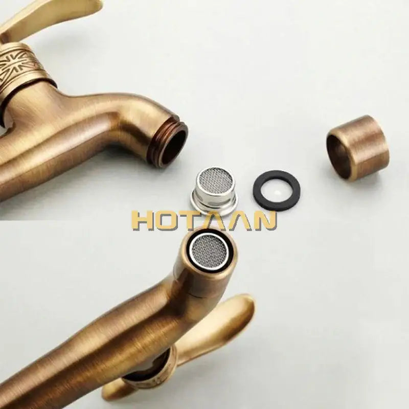 DecorBites antique brass finish wall mount bibcock faucet with ornate handle and mesh filter components for bathroom use