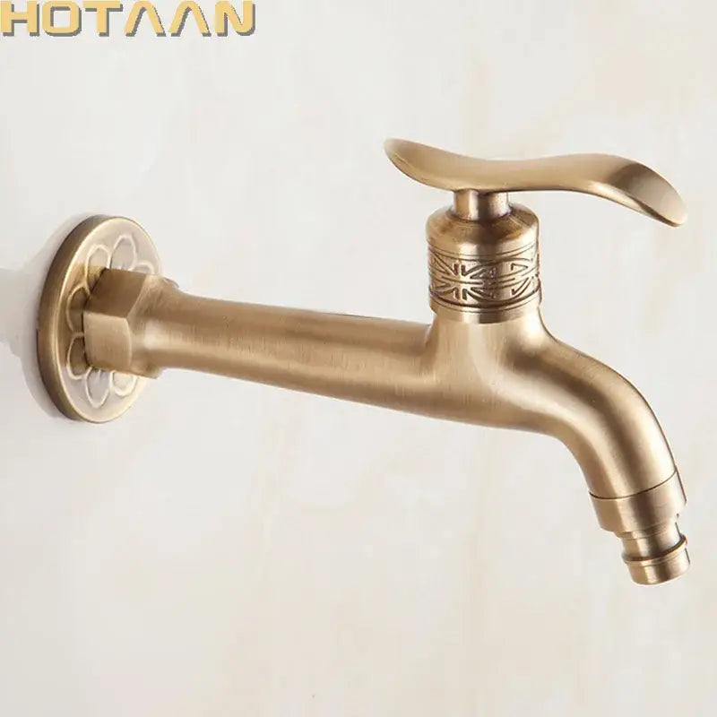 DecorBites Antique brass finish wall mount bibcock faucet with ornate floral detailing for bathroom and washing machine use