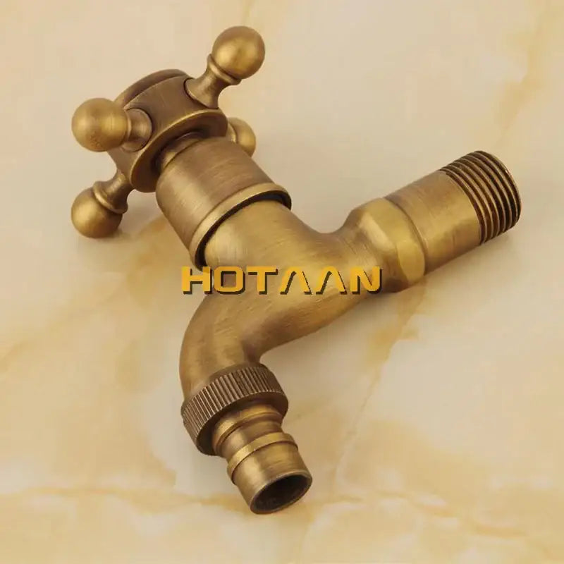 Decorbites antique brass finish wall mount garden bibcock faucet with ornate cross handle and threaded brass finish connections