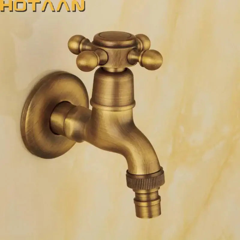 Decorbites antique brass finish wall mount garden bibcock faucet with vintage cross handle and decorative spherical knobs