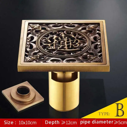 Square brass shower drain cover with antique brass fish style dragon and phoenix filigree design 10cm