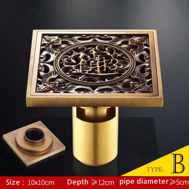 Square brass shower drain cover with antique brass fish style dragon and phoenix filigree design for floor use