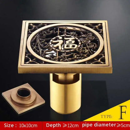 DecorBites™ antique brass fish style 10cm square shower drain with intricate floral and chinese character 福 design