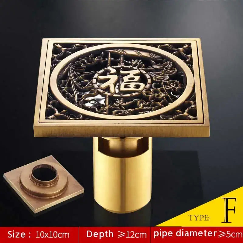 DecorBites™ antique brass fish style 10cm square shower drain with intricate floral and chinese character 福 design