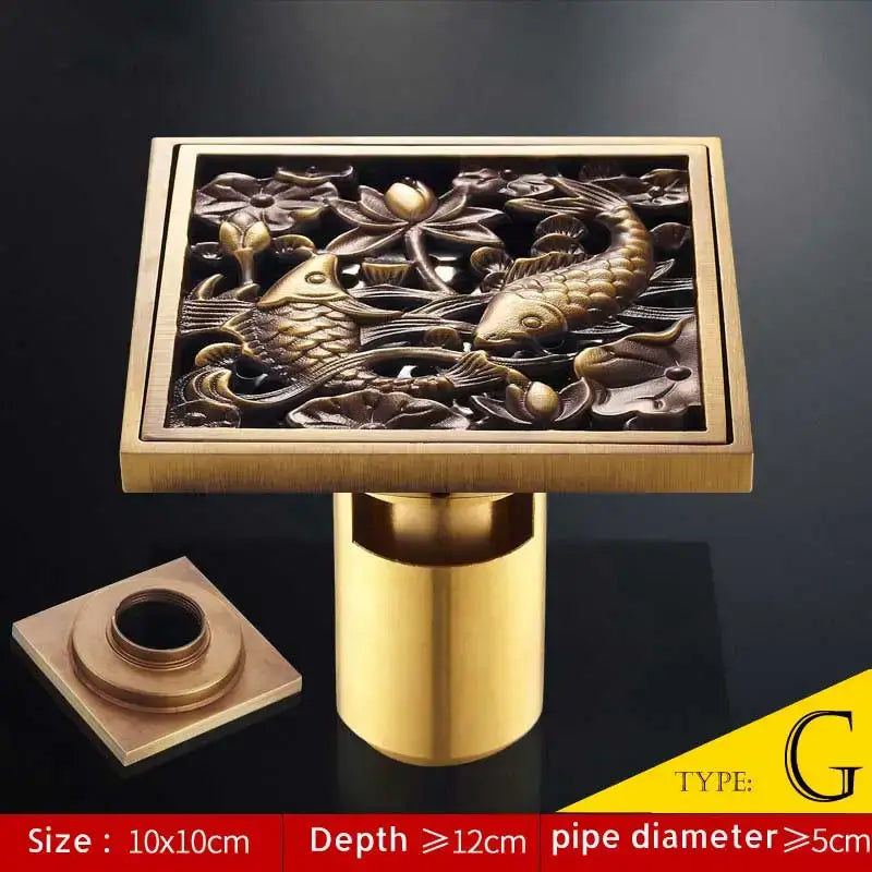 Decorbites antique brass fish style shower drain with intricate lotus and fish carvings 10cm square floor drainer