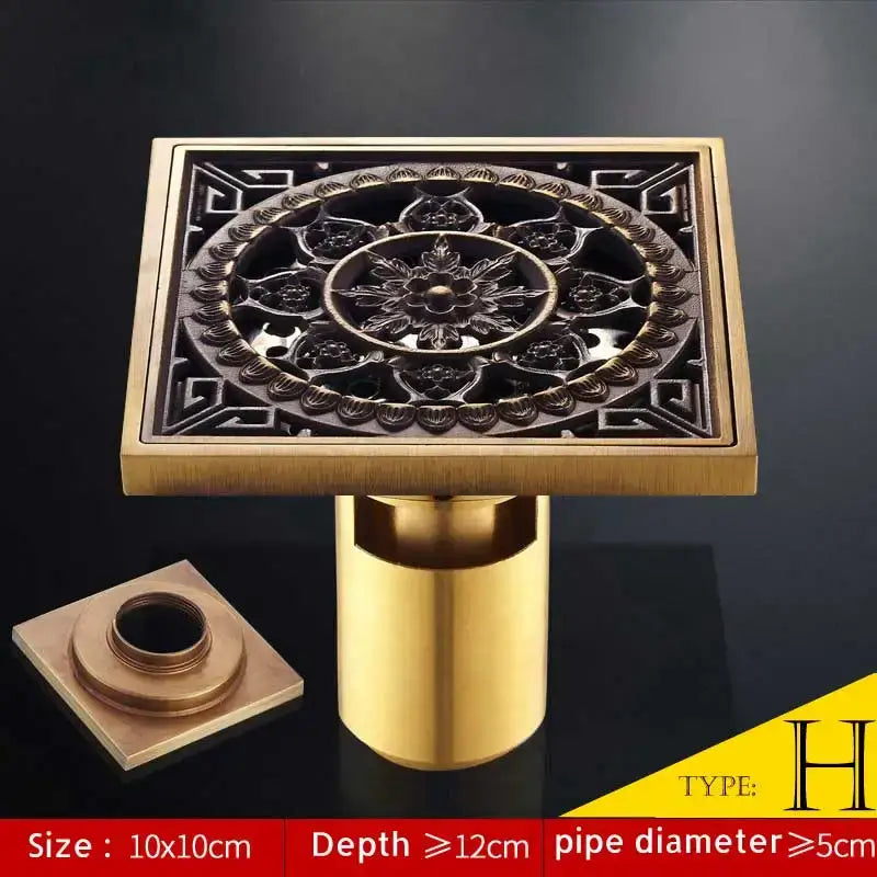 Decorbites antique brass fish style shower drain 10cm square floor drainer with brass finish and floral embossed design