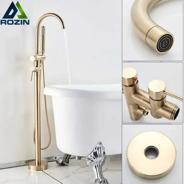 Decorbites antique brass freestanding floor mount tub faucet with swivel spout and separate handheld mixer tap
