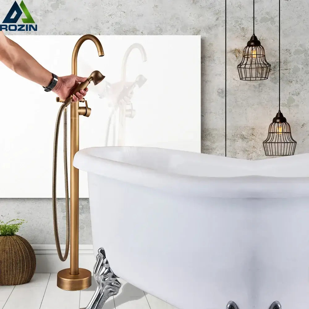 DecorBites antique brass freestanding tub faucet with swivel spout and detachable handheld mixer tap for floor mount