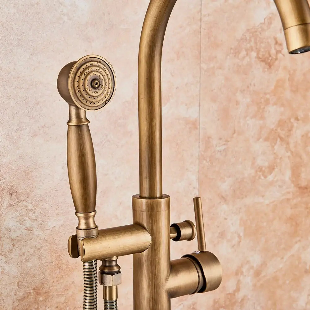 Decorbites antique brass floor mount tub faucet with swivel spout mixer tap and handheld shower spray head