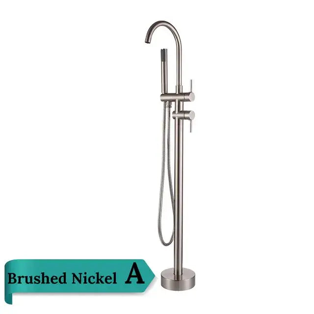 Brushed nickel tall bathtub faucet with curved swivel spout and detachable handheld showerhead mixer tap