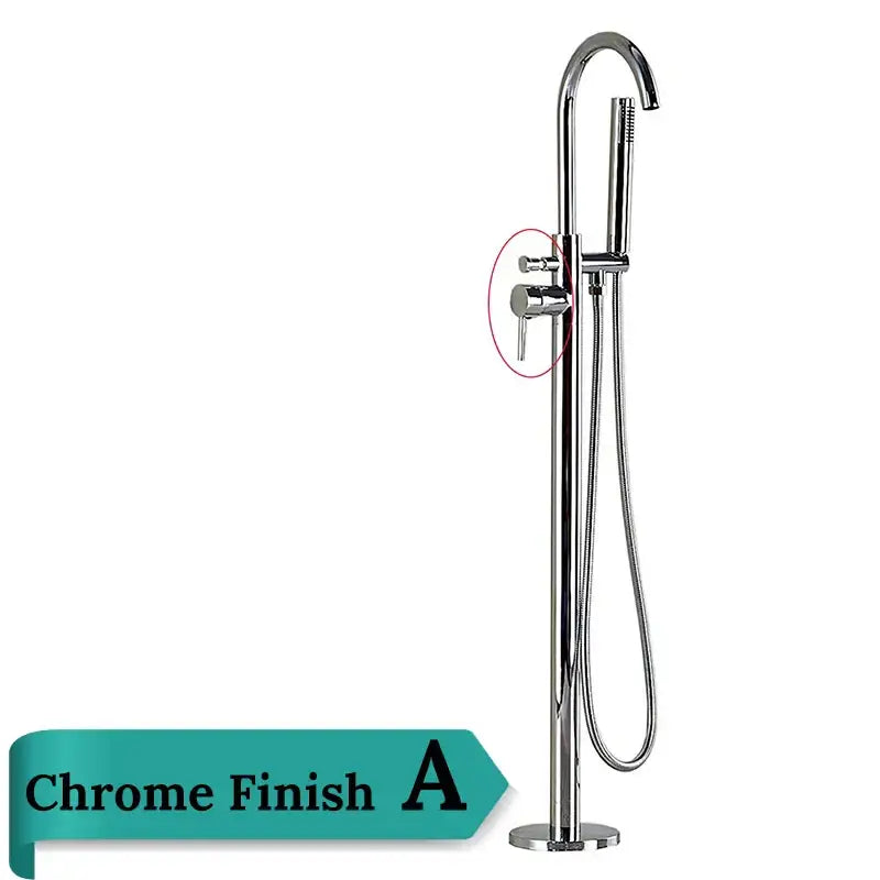DecorBites™ antique brass floor mount tub faucet with swivel spout mixer tap and attached handheld showerhead in chrome finish