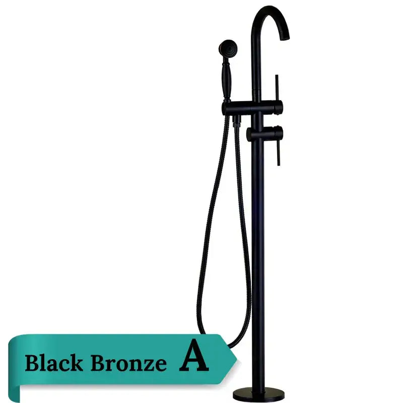 Decorbites antique brass floor mount tub faucet with swivel spout and handheld shower mixer tap in black bronze
