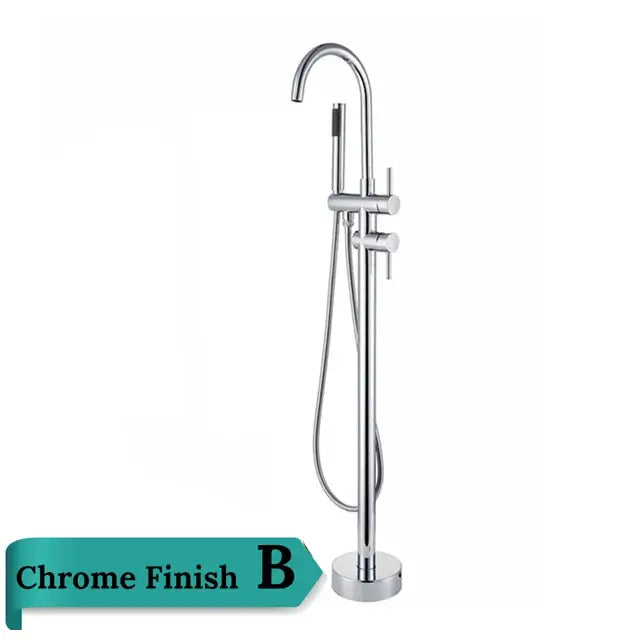 Chrome-finished freestanding bathtub faucet with swivel spout and integrated handheld showerhead mixer tap by DecorBites