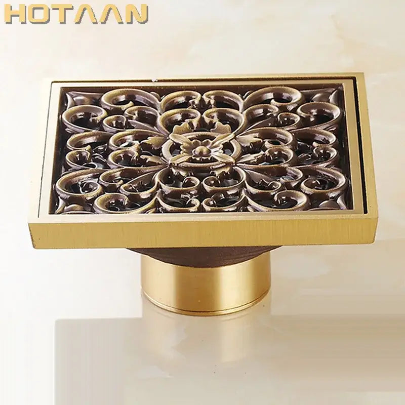 Decorbites antique brass flower art rectangular floor drain with intricate floral scrollwork design for bathroom use