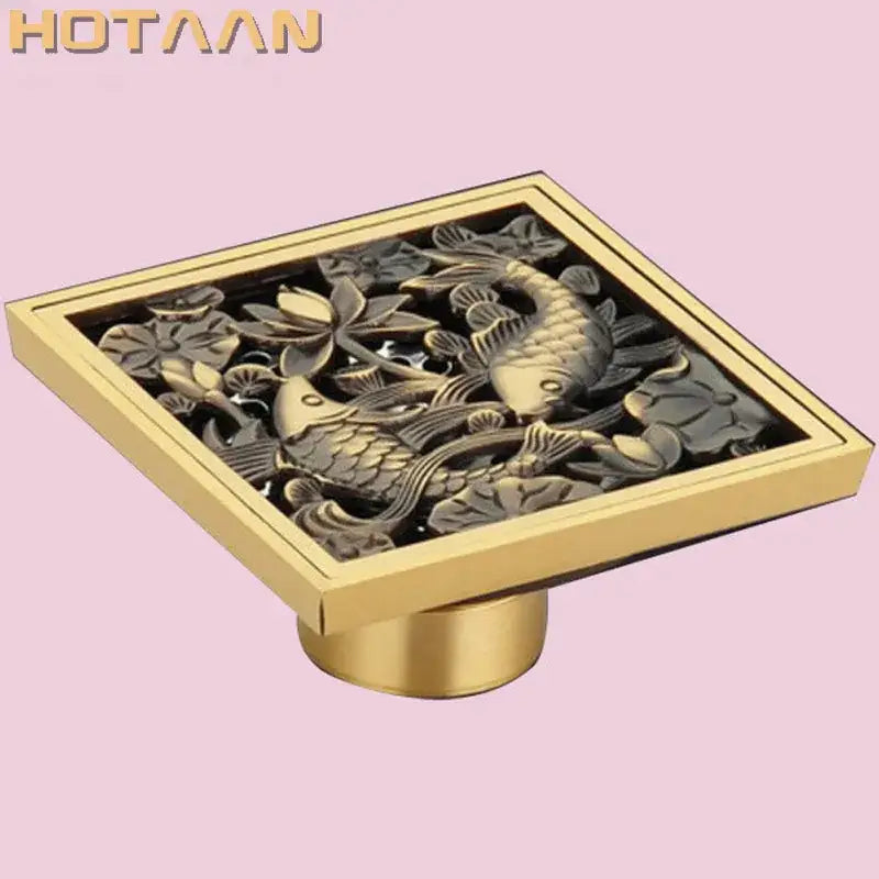 Decorbites™ antique brass floor drain cover with gold koi fish and lotus flower art relief design for bathroom use