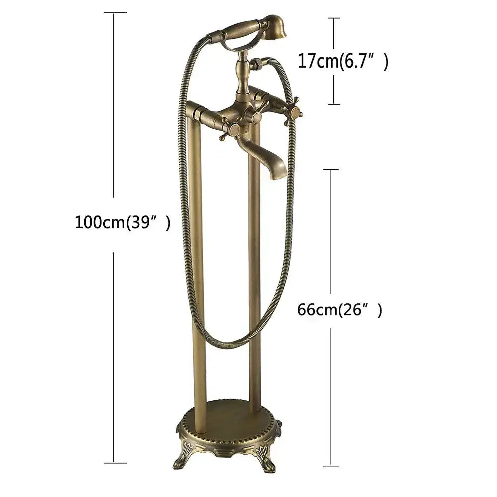 DecorBites™ antique brass freestanding bathtub filler with dual handles and handheld showerhead in brass freestanding design