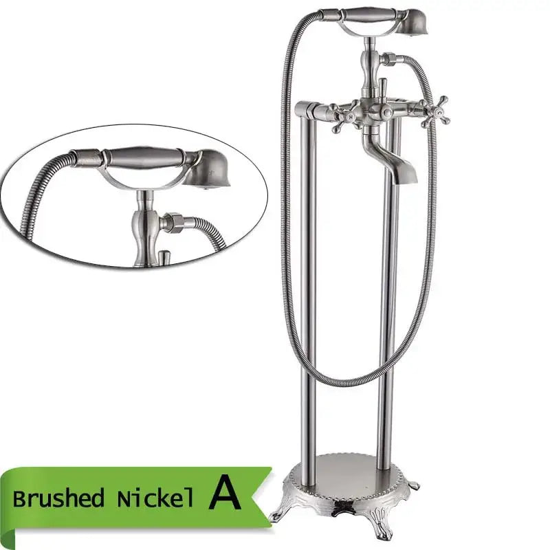 Decorbites™ antique brass freestanding bathtub filler with hand shower and flexible hoses in brushed nickel finish