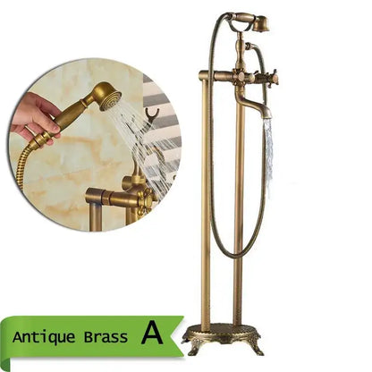 Decorbites™ antique brass freestanding bathtub filler with dual handles and handheld spray head in brass freestanding bathtub design