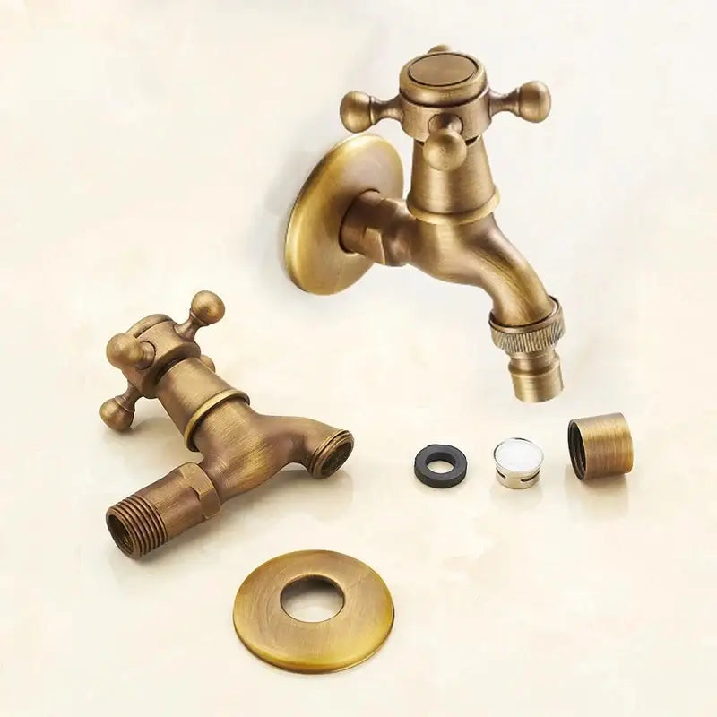 DecorBites™ antique brass garden bibcock tap with cross-handle and matching spout for outdoor and bathroom use
