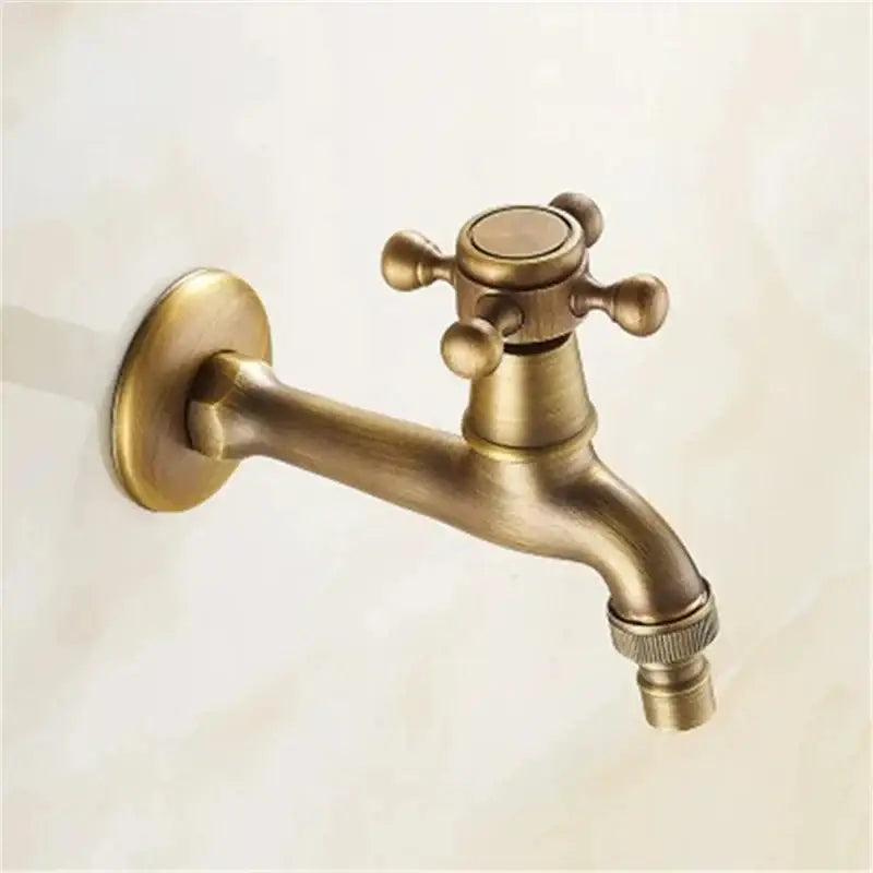 Decorbites™ antique brass garden bibcock tap with cross-handle and threaded hose connection for bathroom and outdoor use