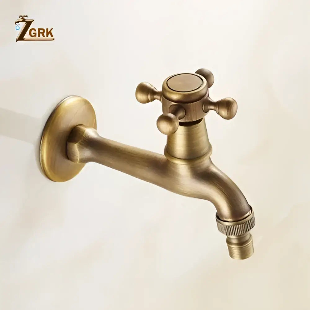 Decorbites antique brass garden bibcock tap with vintage cross-handle and threaded spout for outdoor use
