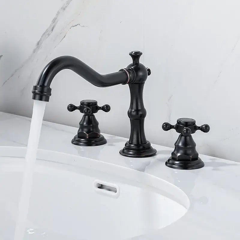 Black matte finished three-handle basin faucet with ornate vintage design for brass gold bathroom decorbites antique brass gold