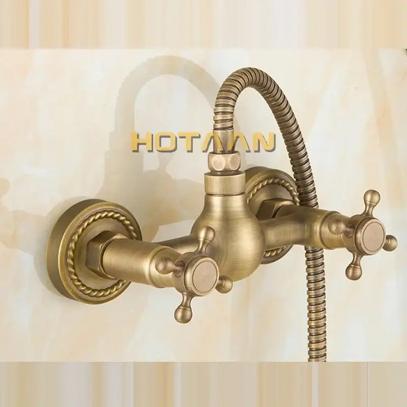 Decorbites antique brass hand held shower head kit with wall mounted bathtub faucet and two cross handles